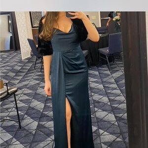 Dessy Collection evergreen cowl neck Satin Maxi Dress with Front Slit